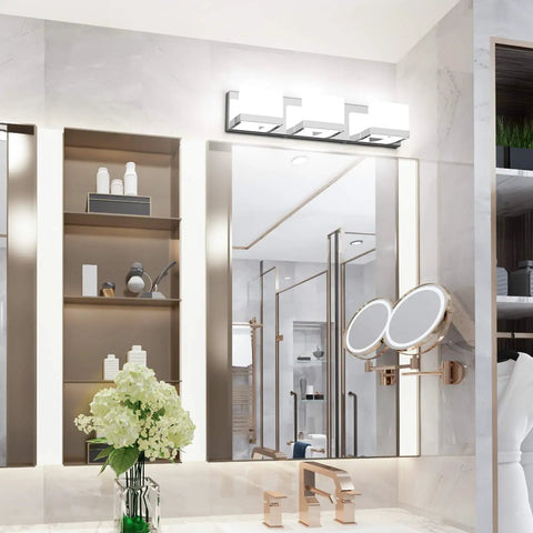 Three Light LED Vanity Light For Bathroom Chrome Finish Up And Down Mount Over Mirror Modern Wall Fixture With Frosted Acrylic Shade White Daylight 6000K For Brilliant Even Bath Illumination Easy Install in a modern bathroom setting