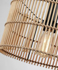 Close-up of Boho Hand Woven Rattan 1 Light Semi Flush Mount Ceiling Light, natural bamboo wicker with LED Edison bulb, 11.8 inch.