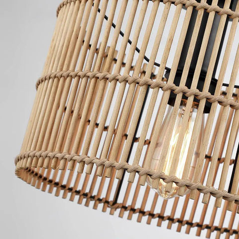 Close-up of Boho Hand Woven Rattan 1 Light Semi Flush Mount Ceiling Light, natural bamboo wicker with LED Edison bulb, 11.8 inch.