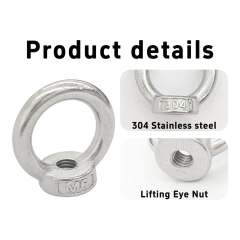10 Pack Badass M6 Stainless Steel Lifting Eye Nuts, Marine Grade Heavy Duty Ring Shape Female Thread Fasteners showing details and threaded opening.