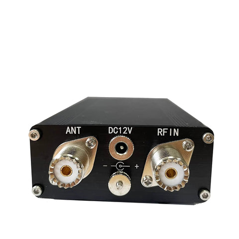 Back view of ATU 100 EXT Automatic Antenna Tuner 1.8 to 50 MHz Plug And Play With 3.2 Firmware showing ANT, RF IN ports