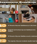 Infographic showing furniture tip-over statistics with images of children near unsecured furniture.