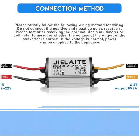 2 Pack Waterproof Car Power Converter 12V to 6V Buck Converter Adjustable 8 to 22V Input to 3 to 15V Output 3A 18W with wiring guide
