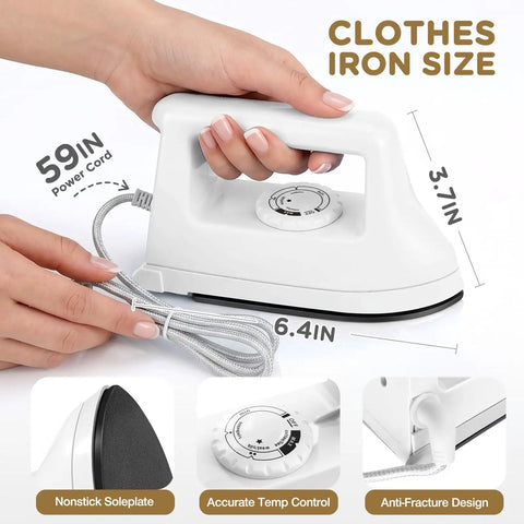 Compact Mini Iron For Clothes, Portable Travel Steam Press Machine For T Shirts And Crafts with power cord and temperature dial.