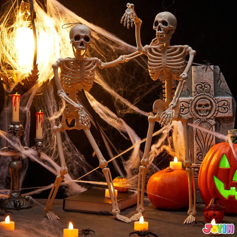 Two Pack 24 Inch Full Body Poseable Skeletons With Locking Joints For Halloween Indoor Outdoor Decor White Plastic Skeleton Props