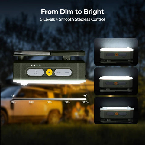 Front view of dark green Movable Area Light For Camping And Emergencies Rechargeable 3200mAh Lantern showcasing brightness levels
