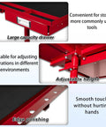 Close-up of Rolling Tool Cart And Workbench On Wheels, Adjustable Height Heavy-Duty Mechanic Table with drawers and polishing.