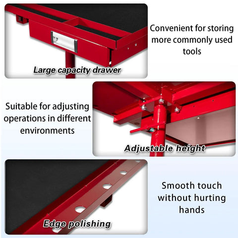 Close-up of Rolling Tool Cart And Workbench On Wheels, Adjustable Height Heavy-Duty Mechanic Table with drawers and polishing.