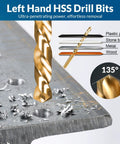 Close-up of left hand HSS drill bit showing 135° tip angle, suitable for plastic, stone, metal, and wood.