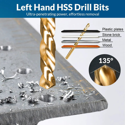 Close-up of left hand HSS drill bit showing 135° tip angle, suitable for plastic, stone, metal, and wood.