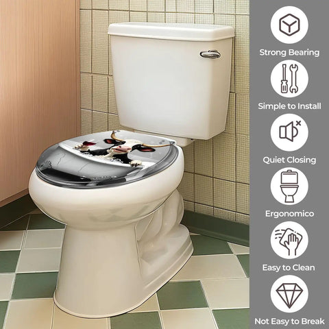 Round Toilet Seat Resin for Farmhouse Bathroom, cow design, fits standard toilets, easy to install, quiet closing feature.