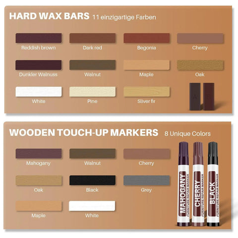 No Sweat Quick Fix Do It Yourself Laminate Floor Repair Kit With Heat Pen, showing 11 hard wax bars and 8 touch-up markers colors.