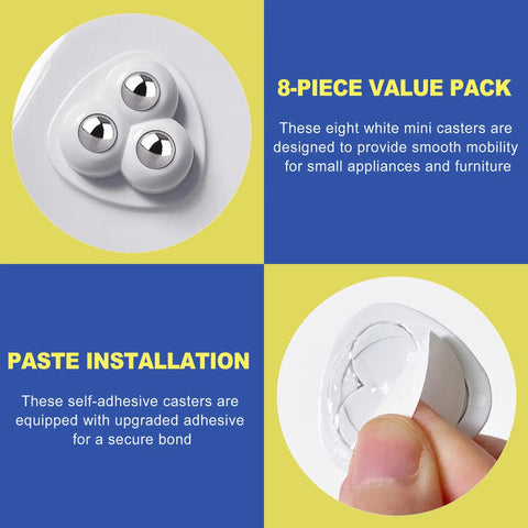 Eight Piece Self Adhesive Caster Wheels 360 Degree Swivel Mini Rollers For Kitchen Countertops Small Appliances White installed.
