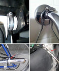 Four-view collage of 16–25 mm stainless steel worm-gear hose clamps; shown installed on bike and faucet (25-pack).