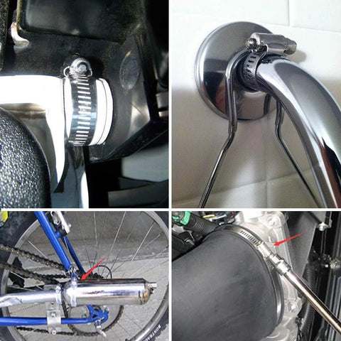 Four-view collage of 16–25 mm stainless steel worm-gear hose clamps; shown installed on bike and faucet (25-pack).