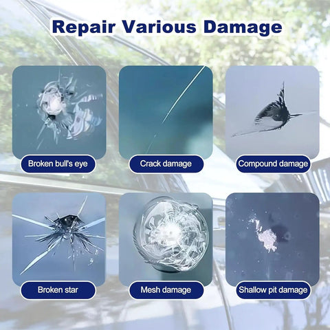 Image showing different types of windshield damage, including broken bull's eye, crack, compound, broken star, mesh, and shallow pit.