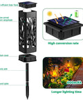 Flickering Flames Pathway Lights Solar Powered Outdoor LED Torches For Garden Yard And Patio Waterproof Decorative Landscape Lighting Energy Efficient Landscape Lights with solar panel detail and garden setup.
