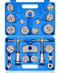 DAYUAN brake caliper piston rewind tool kit, front view, in blue case with multiple adapters and two long threaded rods.