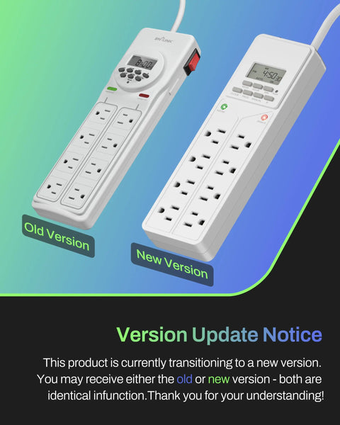 Comparison of eight outlet surge protector with seven day digital timer, showing old and new versions, white color.