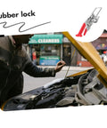 Rubber T Handle Draw Latches for Tool Boxes and Vehicle Hoods, shown with car hood open and person inspecting engine