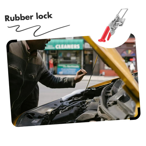 Rubber T Handle Draw Latches for Tool Boxes and Vehicle Hoods, shown with car hood open and person inspecting engine