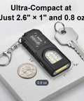 Three Pack Bright Rechargeable Keychain Flashlights With Clip And Magnetic Base Mini LED Key Ring Light shown next to key and coin