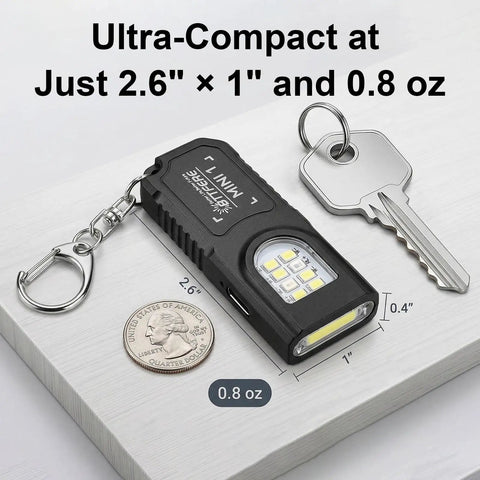 Three Pack Bright Rechargeable Keychain Flashlights With Clip And Magnetic Base Mini LED Key Ring Light shown next to key and coin