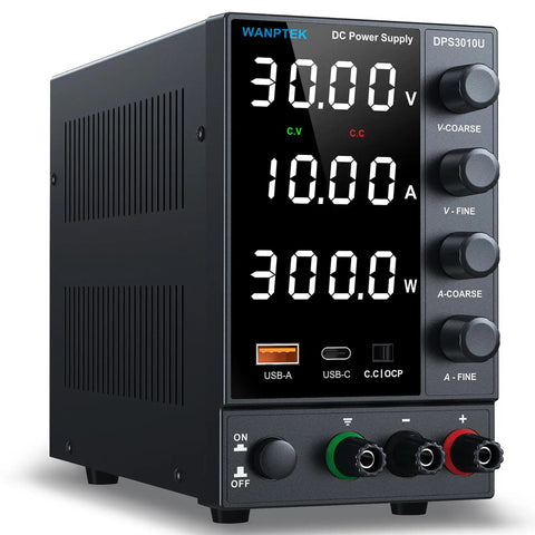 Pro Grade DC Bench Power Supply 0 To 30V 0 To 10A with coarse and fine encoder knobs, USB Type C, OCP protection, four-digit display
