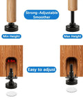 Heavy Duty Furniture Levelers 12 Pack Adjustable Leveling Feet With T Nut Kit for tables showing min and max height adjustments.