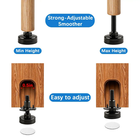 Heavy Duty Furniture Levelers 12 Pack Adjustable Leveling Feet With T Nut Kit for tables showing min and max height adjustments.