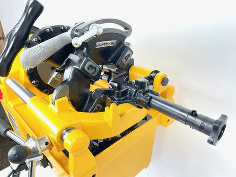 Close-up view of Bluerock Power PTM50-C Electric Motorized Pipe Threader Threading Machine showcasing operational parts.