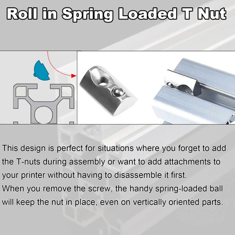 Roll In Spring Loaded T Nuts M3 X 0.5mm 100 Pack Carbon Steel Nickel Plated For 20x20 Aluminum Extrusions