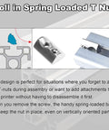 Diagram and photo of M5 Spring Loaded T Nut 70 Pcs M5x0.8mm Half Round Roll In T Nuts for 20x20 Aluminum Extrusions 20 Series