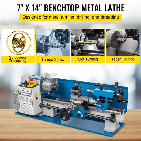 Badass Precision Bench Top Mini Metal Lathe 7X14 Inch with 550W motor, precision gears, and heavy duty iron frame