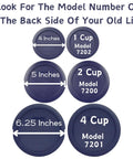 Blue Replacement Lids For 1 Cup, 2 Cup, And 4 Cup Glass Food Storage Containers, BPA Free Plastic, labeled with model numbers.