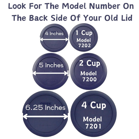 Blue Replacement Lids For 1 Cup, 2 Cup, And 4 Cup Glass Food Storage Containers, BPA Free Plastic, labeled with model numbers.