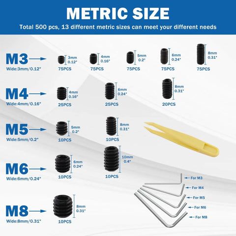 Massive 500 Piece Metric Set Screw Kit With 13 Sizes M3 M4 M5 M6 M8 Allen Head Hex Socket Grub Screws In Black Alloy Steel