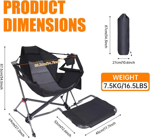 Ultimate Outdoor Hammock Chair With Removable Footrest And Stand dimensions and carry bag shown, weight 7.5KG