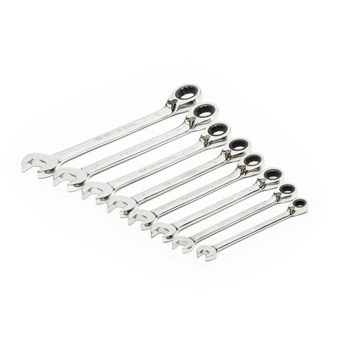 Eight Piece 12 Point Reversible Ratcheting Wrench Set Metric For Fasteners With 72 Teeth 5 Degree Swing