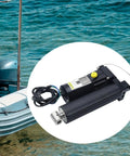 Dead Simple Outboard Engine Power Tilt Trim Assembly Hydraulic Actuator Replacement For Four Stroke Boats Direct Fit Plug And Play Rig Upgrade 8M0055011 shown on a boat.