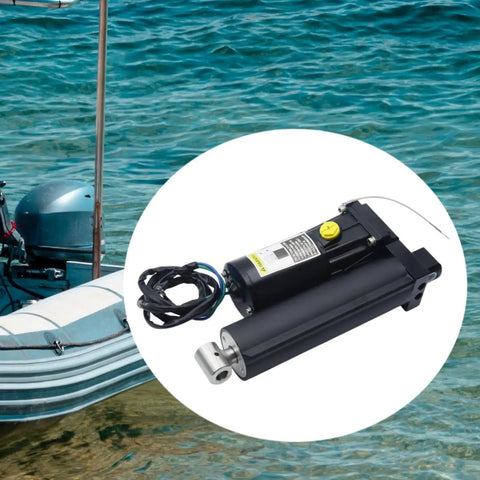 Dead Simple Outboard Engine Power Tilt Trim Assembly Hydraulic Actuator Replacement For Four Stroke Boats Direct Fit Plug And Play Rig Upgrade 8M0055011 shown on a boat.