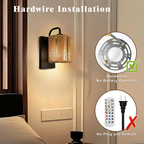 Boho Rattan Wall Sconce With Hemp Rope, E26 10 Inch Hardwired Sconce, Cozy Warm Vibe in Living Room Setup, No Battery Use