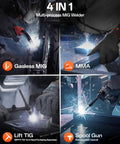 Synergy Flux Core Welder 110V 220V 145A 4 In 1 Gasless MIG Lift TIG Stick Welder in action with detailed display