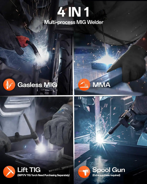 Synergy Flux Core Welder 110V 220V 145A 4 In 1 Gasless MIG Lift TIG Stick Welder in action with detailed display