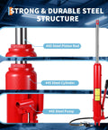 8T red air/hydraulic long-ram jack with chrome piston rod and air pump for engine hoists and garage cranes.