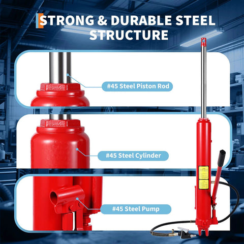 8T red air/hydraulic long-ram jack with chrome piston rod and air pump for engine hoists and garage cranes.