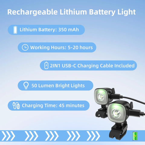 Rechargeable Headlights For Shoe Charms And Light Attachments Bright LED Flashlight features with USB-C charger and 50 lumen lights