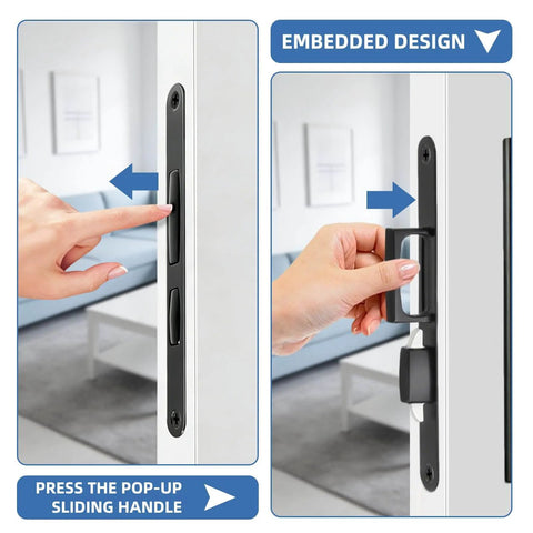 Privacy Pocket Door Lock Hardware For Wood Doors, Invisible Sliding Door Lock With Keys, Recessed Handle Latch embedded in wood door.