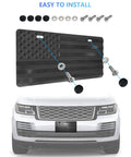 American Flag Front Bumper License Plate With 3D Embossed Patriot Design, Black Plastic Car Plate With Screws shown installed on SUV