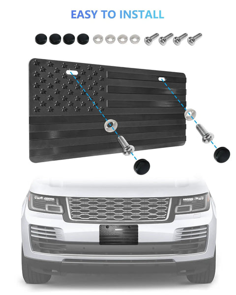 American Flag Front Bumper License Plate With 3D Embossed Patriot Design, Black Plastic Car Plate With Screws shown installed on SUV